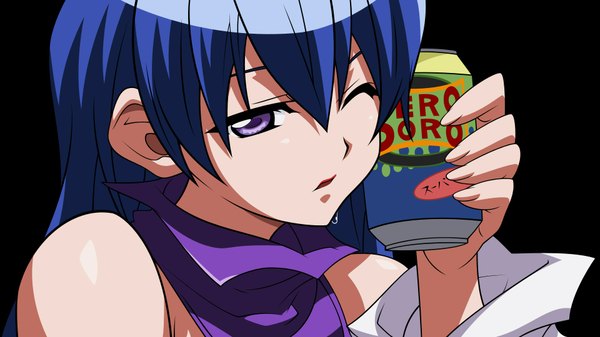 Anime picture 1920x1080 with needless madhouse eve neuschwanstein tagme (artist) single long hair fringe highres wide image purple eyes bare shoulders blue hair one eye closed vector girl detached sleeves t-shirt drink