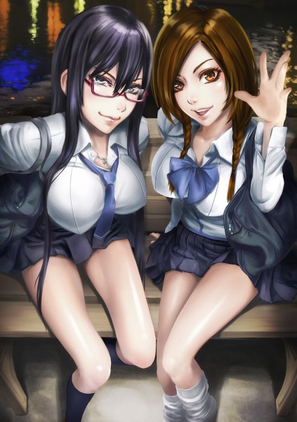 Anime picture 846x1200 with original sadakage long hair tall image looking at viewer blue eyes light erotic black hair brown hair multiple girls brown eyes girl skirt uniform 2 girls school uniform shirt socks glasses necktie