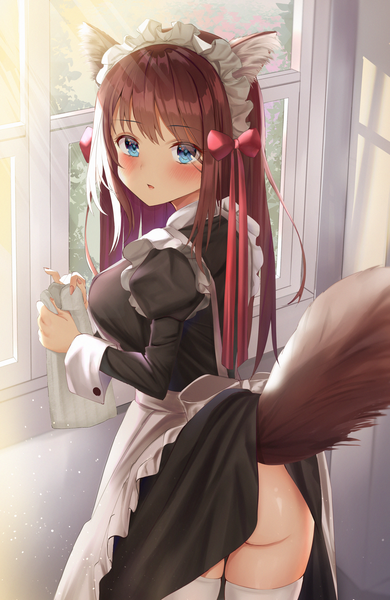 Anime picture 2380x3659 with original toratora (nanahaba) single long hair tall image looking at viewer blush fringe highres open mouth blue eyes light erotic brown hair standing holding animal ears payot ass indoors tail