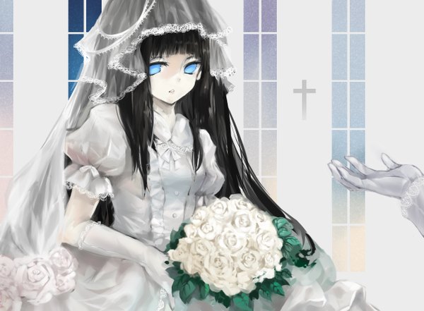 Anime picture 2420x1780 with sound horizon marchen schneewittchen sevten (ashkeroth) single long hair highres open mouth blue eyes black hair looking away girl dress gloves flower (flowers) elbow gloves window white dress rose (roses) cross