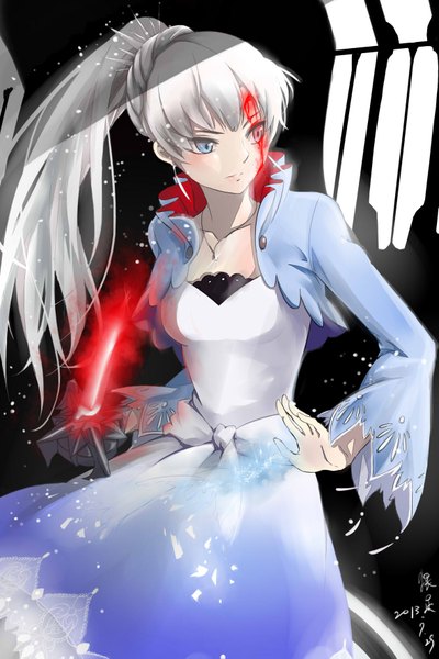 Anime picture 1181x1771 with rwby rooster teeth weiss schnee weizu single long hair tall image blush looking away white hair ponytail heterochromia scar girl dress hair ornament bow weapon earrings blood