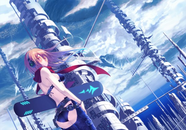 Anime picture 2480x1748 with original ac (eshi) single long hair highres breasts light erotic standing purple eyes sky purple hair ass from behind dutch angle girl underwear panties bracelet belt lingerie