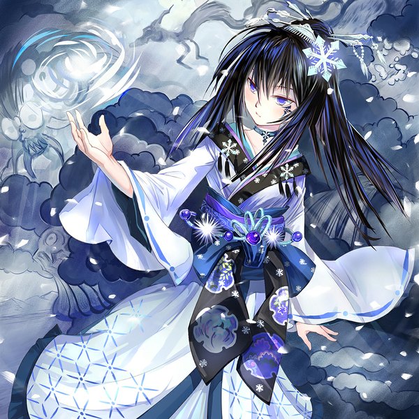 Anime picture 1000x1000 with original lain1 single long hair blush fringe black hair purple eyes looking away cloud (clouds) ponytail traditional clothes japanese clothes wide sleeves dutch angle magic facial mark glowing snowing glow