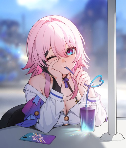 Anime picture 1200x1414 with honkai: star rail honkai (series) march 7th (honkai: star rail) ett single long hair tall image looking at viewer fringe breasts blue eyes hair between eyes large breasts pink hair cleavage one eye closed head rest drinking heart of string girl