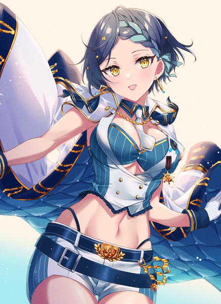 Anime picture 1600x2200 with idolmaster idolmaster cinderella girls hayami kanade miyakoto single tall image looking at viewer short hair breasts open mouth light erotic black hair large breasts yellow eyes cleavage :d midriff clothes on shoulders celebrate kaleido girl