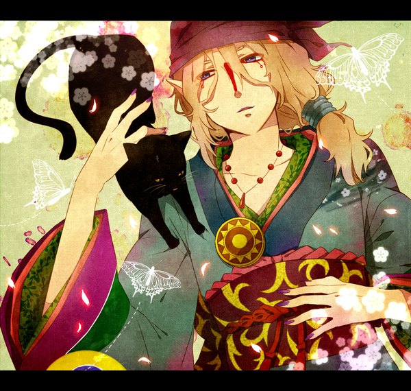 Anime picture 1000x950 with mononoke toei animation kusuriuri (mononoke) long hair blue eyes blonde hair nail polish traditional clothes facial mark boy flower (flowers) petals pendant insect butterfly cat bandana locket