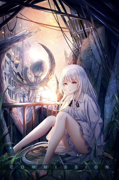 Anime picture 1000x1514 with original limit x single long hair tall image looking at viewer fringe open mouth light erotic sitting yellow eyes payot silver hair full body bent knee (knees) long sleeves pleated skirt barefoot sunlight arm support