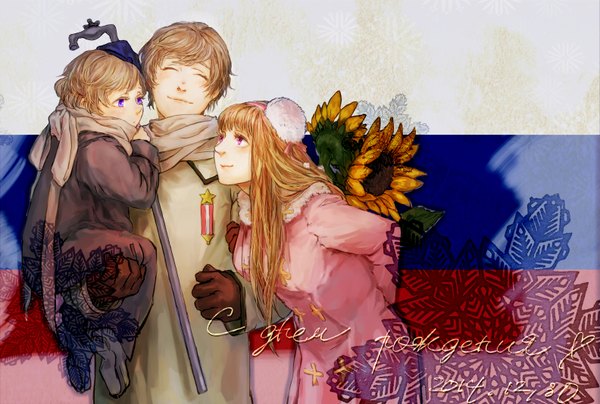 Anime picture 1584x1068 with axis powers hetalia studio deen russia (hetalia) usukikaori (nino) long hair short hair blonde hair smile purple eyes holding eyes closed pink eyes inscription hands behind back genderswap shared scarf girl boy gloves flower (flowers)