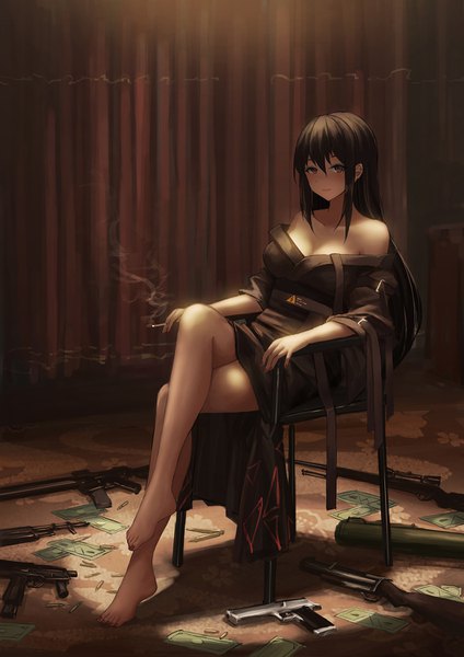 Anime picture 1060x1500 with original yurichtofen single long hair tall image looking at viewer fringe light erotic black hair hair between eyes sitting bare shoulders holding brown eyes cleavage full body bent knee (knees) indoors nail polish traditional clothes