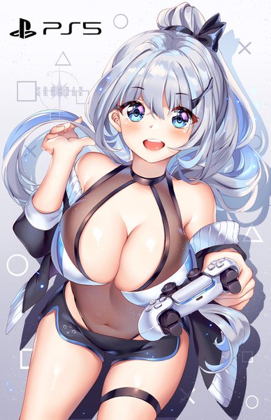 Anime picture 809x1250 with sony squchan single long hair tall image looking at viewer blush fringe breasts open mouth blue eyes light erotic smile hair between eyes large breasts holding signed silver hair ponytail :d