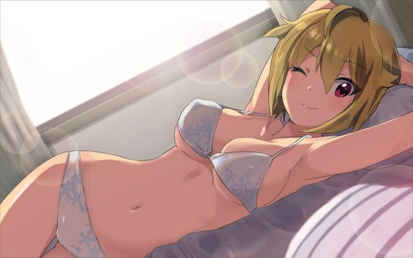 Anime picture 1200x751 with idolmaster idolmaster cinderella girls ibuki tsubasa h@ll single short hair breasts light erotic blonde hair smile red eyes wide image one eye closed wink arms up armpit (armpits) underwear only arms behind head girl navel