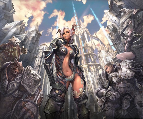 Anime picture 2000x1667 with tera online high elf long hair highres short hair light erotic blonde hair multiple girls sky silver hair cloud (clouds) horn (horns) pointy ears realistic group castanic aman baraka popori girl