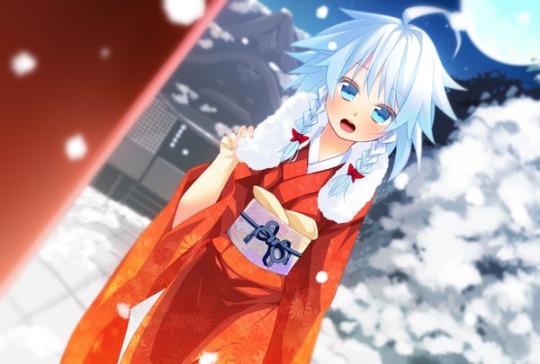 Anime picture 1748x1181 with touhou izayoi sakuya nigo (aozoragarou) blush highres short hair open mouth blue eyes blue hair braid (braids) traditional clothes japanese clothes dutch angle twin braids snowing winter snow girl kimono moon