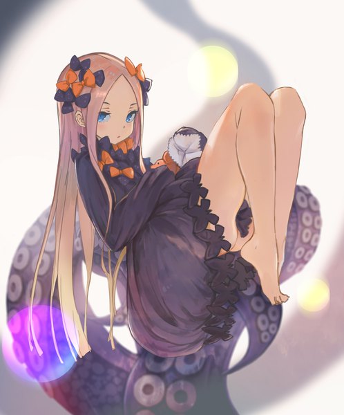 Anime picture 1493x1800 with fate (series) fate/grand order abigail williams (fate) harada isuka single long hair tall image looking at viewer blue eyes light erotic blonde hair full body bare legs girl dress bow hair bow black dress tentacles