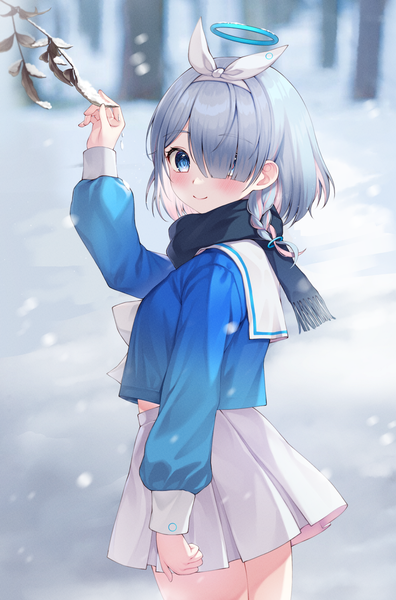 Anime picture 989x1500 with blue archive arona (blue archive) kuca (ku ca18) single tall image looking at viewer blush fringe short hair blue eyes smile silver hair braid (braids) pleated skirt hair over one eye turning head snowing winter side braid snow