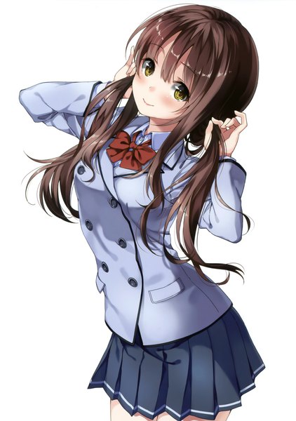 Anime picture 2397x3404 with original unasaka ryou single long hair tall image looking at viewer blush highres simple background brown hair white background twintails brown eyes light smile scan holding hair girl skirt uniform school uniform