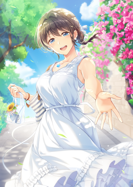 Anime picture 900x1266 with original mono lith single tall image looking at viewer blush fringe short hair breasts open mouth blue eyes smile hair between eyes brown hair standing bare shoulders holding sky cloud (clouds) outdoors