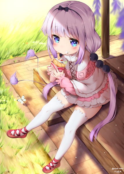 Anime picture 1339x1879 with kobayashi-san chi no maidragon kyoto animation kanna kamui nyum single long hair tall image blush fringe blue eyes sitting twintails signed payot purple hair full body tail blunt bangs from above zettai ryouiki