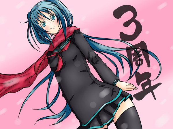 Anime picture 1600x1200 with vocaloid hatsune miku single long hair simple background twintails green eyes blue hair girl thighhighs skirt miniskirt scarf