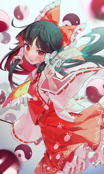 Anime-Bild 800x1333 mit touhou unfinished dream of all living ghost hakurei reimu syuri22 single long hair tall image black hair red eyes traditional clothes japanese clothes multicolored hair colored inner hair :p nontraditional miko paw print yin yang girl skirt bow