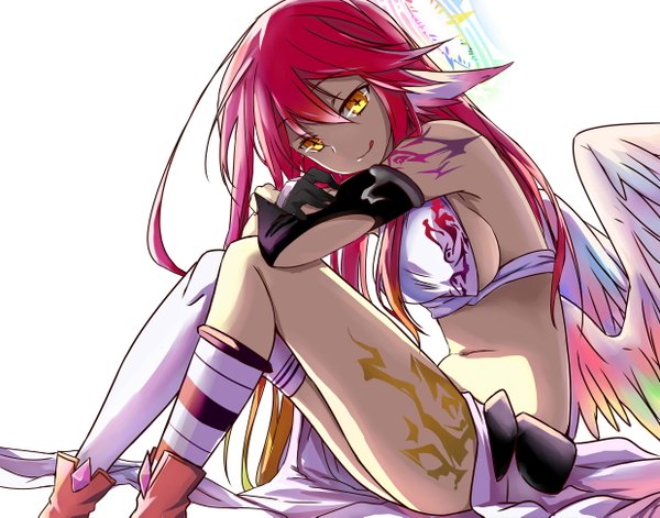 Anime picture 4960x3897 with no game no life madhouse jibril (no game no life) jeffrey10 single long hair looking at viewer highres breasts light erotic simple background large breasts white background sitting yellow eyes pink hair absurdres multicolored hair midriff tattoo