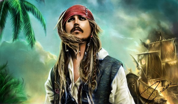 Anime picture 1200x700 with pirates of the caribbean captain jack sparrow johnny depp single long hair brown hair wide image sky cloud (clouds) black eyes realistic boy plant (plants) tree (trees) palm tree bandana watercraft ship mustache