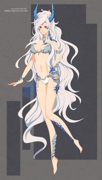 Anime picture 800x1407 with original nebeskaa single long hair tall image light erotic simple background red eyes bare shoulders white hair very long hair horn (horns) light smile pointy ears grey background bare belly bare legs wavy hair demon girl knees touching