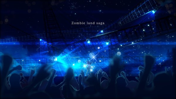 Anime picture 2048x1152 with zombie land saga mappa minamoto sakura y y (ysk ygc) long hair highres open mouth wide image standing full body eyes closed blurry copyright name lens flare solo focus backlighting double buttons singing concert girl