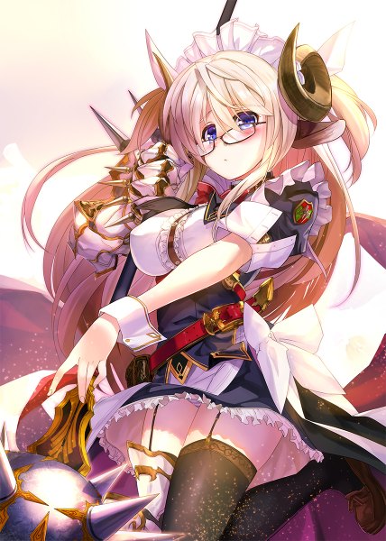 Anime picture 856x1200 with original kiryuu takahisa single long hair tall image blush blue eyes light erotic animal ears white hair horn (horns) girl thighhighs dress weapon black thighhighs glasses headdress