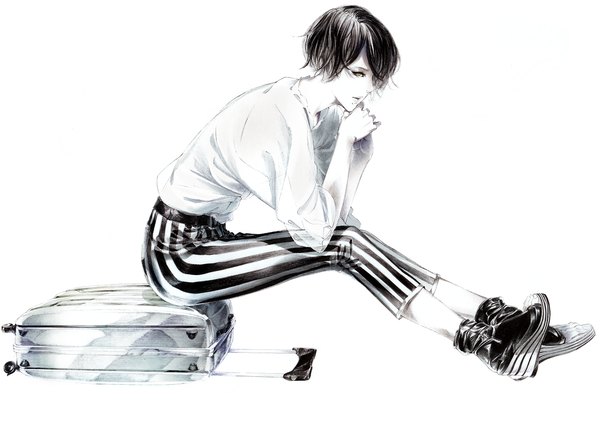 Anime-Bild 1280x907 mit original sousou (sousouworks) single short hair open mouth black hair simple background white background sitting yellow eyes full body monochrome striped hands clasped chin rest casual fashion girl shoes boots
