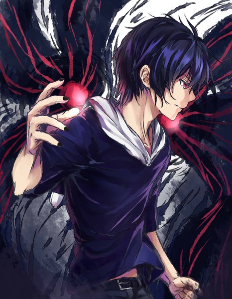 Anime picture 1400x1800 with tokyo ghoul studio pierrot kirishima ayato single tall image fringe short hair blue hair looking away nail polish profile pink eyes fingernails boy belt kagune