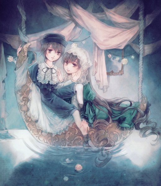 Anime picture 1200x1389 with rozen maiden suiseiseki souseiseki yukishiro (hitsuji) tall image looking at viewer short hair red eyes brown hair sitting multiple girls green eyes very long hair heterochromia drill hair siblings lolita fashion hand on face sisters girl