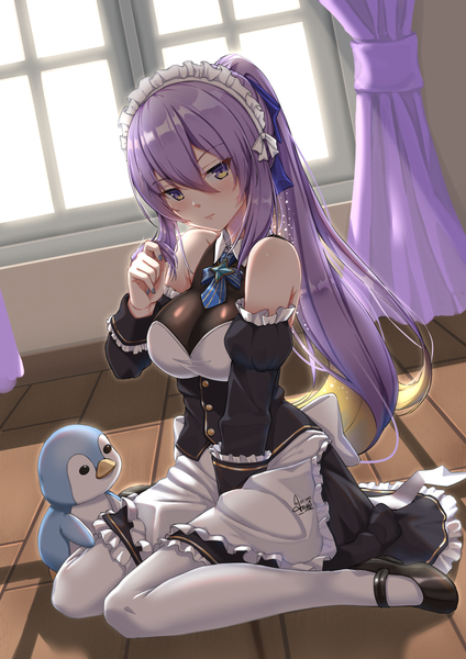 Anime picture 848x1200 with virtual youtuber hololive hololive indonesia moona hoshinova as4gi single long hair tall image looking at viewer blush fringe breasts hair between eyes large breasts sitting purple eyes bare shoulders signed purple hair full body