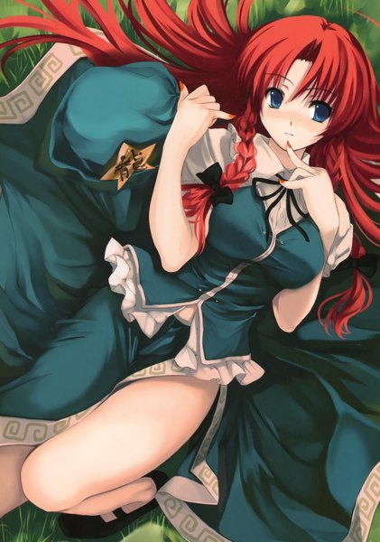 Anime picture 2438x3476 with touhou hong meiling cradle (artist) single long hair tall image blush highres breasts blue eyes light erotic large breasts red hair braid (braids) twin braids chinese clothes girl skirt bow ribbon (ribbons)