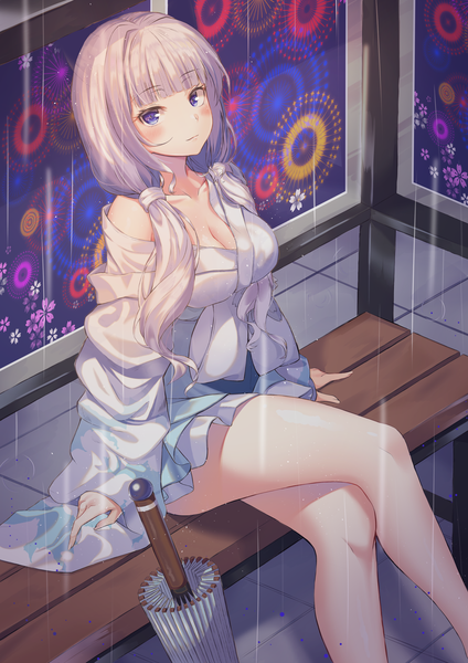 Anime picture 2976x4209 with azur lane illustrious (azur lane) hyonee single long hair tall image looking at viewer blush fringe highres breasts light erotic sitting twintails purple eyes bare shoulders cleavage silver hair outdoors blunt bangs