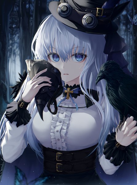 Anime picture 1188x1600 with original h2o (dfo) single long hair tall image looking at viewer fringe breasts open mouth blue eyes hair between eyes standing holding silver hair upper body outdoors long sleeves fingernails blurry underbust