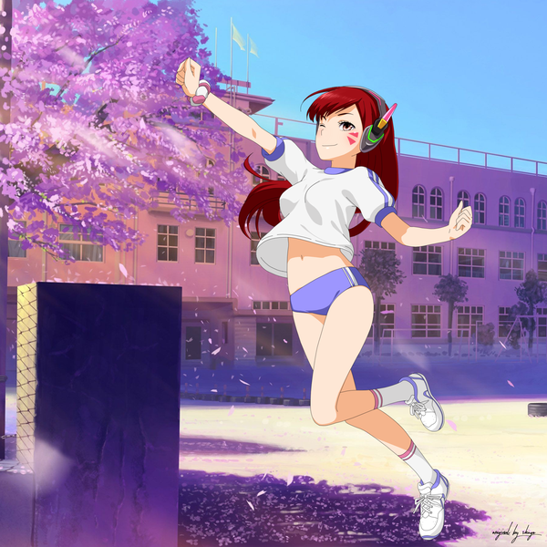 Anime picture 2500x2500 with overwatch blizzard entertainment d.va (overwatch) shugo19 single long hair highres light erotic smile brown hair brown eyes sky one eye closed alternate costume cherry blossoms facial mark jumping whisker markings wrist scrunchie playing sports
