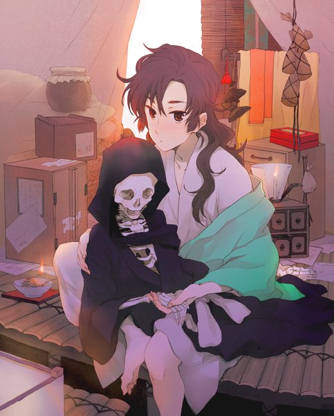 Anime picture 1500x1864 with rakudai ninja rantarou nerisuke long hair tall image brown hair sitting brown eyes japanese clothes skeleton bone (bones) boy kimono hood skull candle (candles) box