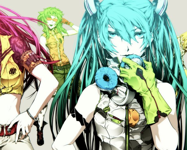 Anime picture 1280x1024 with vocaloid hatsune miku megurine luka kagamine rin gumi long hair looking at viewer fringe short hair open mouth blonde hair simple background smile twintails bare shoulders multiple girls pink hair very long hair aqua eyes green hair