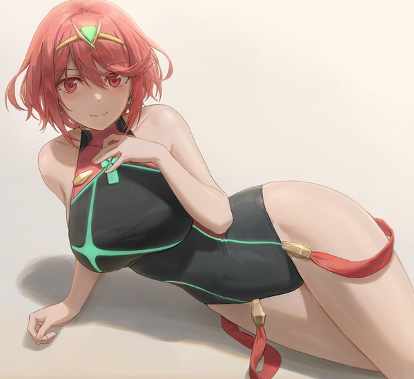 Anime picture 3387x3100 with xenoblade xenoblade 2 pyra (xenoblade) pyra (pro swimmer) (xenoblade) free style (yohan1754) single looking at viewer blush fringe highres short hair breasts light erotic simple background smile hair between eyes red eyes large breasts absurdres red hair