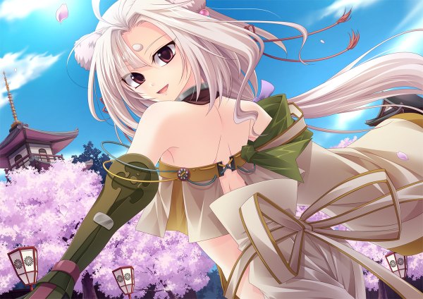 Anime picture 1200x848 with zan-setsu (artist) single long hair red eyes white hair looking back from behind cherry blossoms back girl plant (plants) tree (trees) building (buildings) lantern lamppost