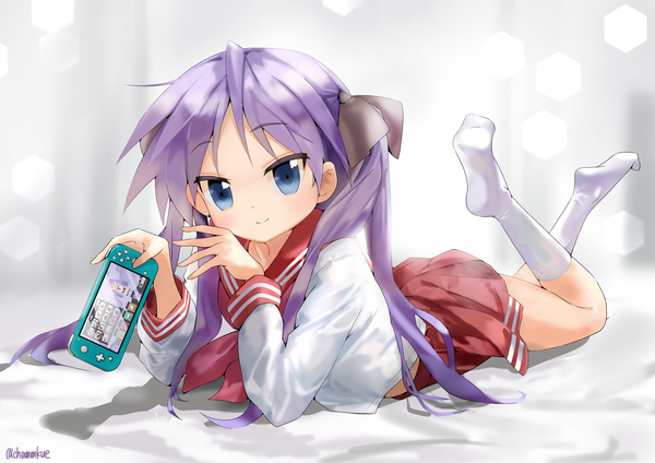 Anime picture 4093x2894 with lucky star splatoon splatoon 2 kyoto animation nintendo hiiragi kagami inkling chamu (chammkue) single long hair looking at viewer highres blue eyes smile twintails signed absurdres purple hair full body lying
