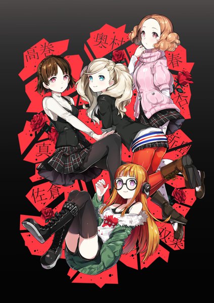 Anime picture 1061x1500 with persona 5 persona takamaki anne sakura futaba niijima makoto okumura haru chitetan long hair tall image blush fringe short hair blue eyes blonde hair smile brown hair sitting twintails bare shoulders multiple girls