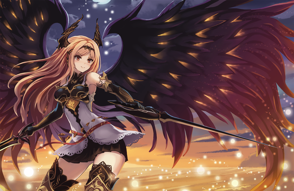 Anime picture 1920x1249 with shingeki no bahamut dark angel olivia eruthika single long hair blush fringe highres breasts blonde hair smile red eyes standing bare shoulders looking away pink hair sky cloud (clouds) pleated skirt multicolored hair