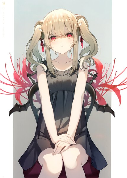 Anime picture 2111x2952 with original sutorora single long hair tall image looking at viewer fringe highres simple background blonde hair hair between eyes red eyes sitting twintails bare shoulders payot blunt bangs horn (horns) scan sleeveless