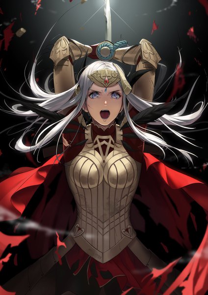 Anime picture 1240x1754 with fire emblem fire emblem: three houses fire emblem heroes nintendo edelgard von hresvelg mueririko single long hair tall image looking at viewer open mouth purple eyes holding white hair :d horn (horns) arms up sparkle floating hair torn clothes