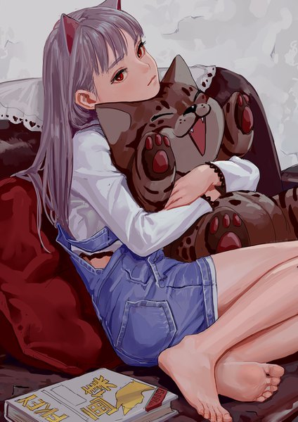 Anime picture 1000x1415 with original feiqizi (fkey) fkey single long hair tall image looking at viewer fringe red eyes sitting signed animal ears bent knee (knees) indoors blunt bangs head tilt barefoot grey hair cat ears bare legs