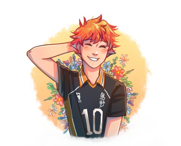 Anime picture 1245x1007 with haikyuu!! production i.g hinata shouyou kos-tyan single blush fringe short hair smile white background upper body eyes closed orange hair short sleeves grin portrait happy arm behind head ^ ^ clothes writing