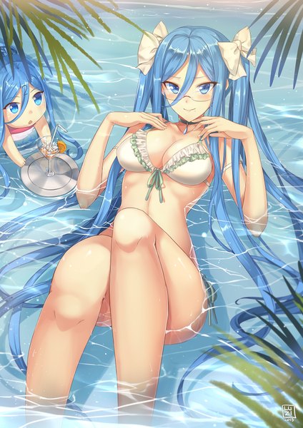 Anime picture 1200x1697 with aoki hagane no arpeggio takao (aoki hagane no arpeggio) luzi (coffee-straw-luzi) long hair tall image looking at viewer blush breasts blue eyes light erotic smile hair between eyes large breasts twintails bare shoulders signed blue hair looking away bent knee (knees) very long hair