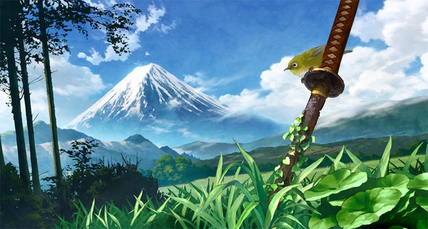Anime picture 1000x535 with original mocha (cotton) wide image cloud (clouds) snow mountain no people landscape scenic nature weapon plant (plants) animal sword tree (trees) bird (birds) katana leaf (leaves) grass bushes
